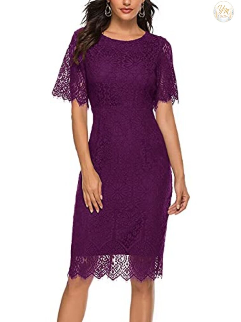 Lace Floral Cocktail Dress Short Sleeve Crew Neck Knee Length Party